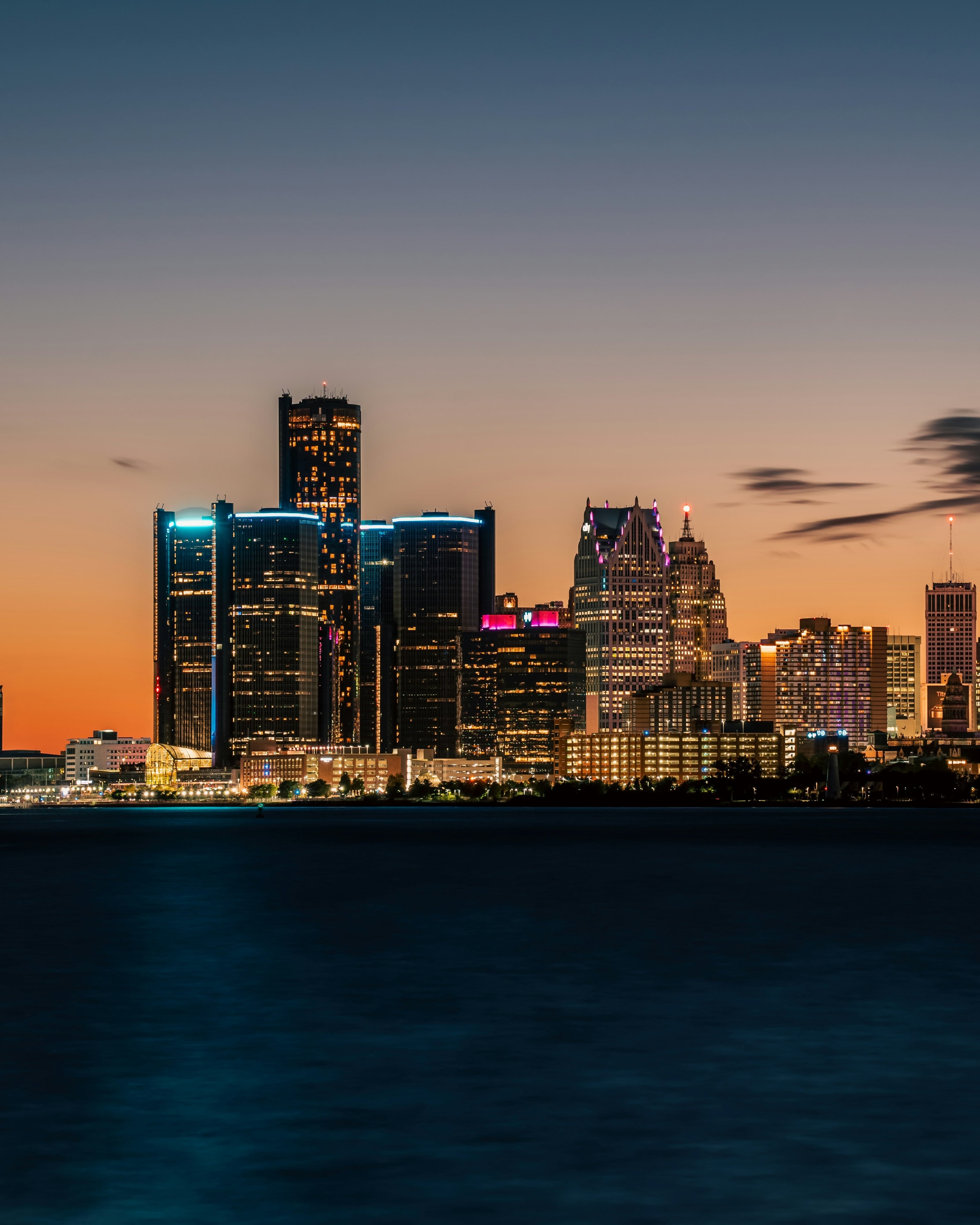 Downtown Detroit across the river at dusk
